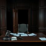 Flick International Empty judge's bench with gavel in grim courtroom setting