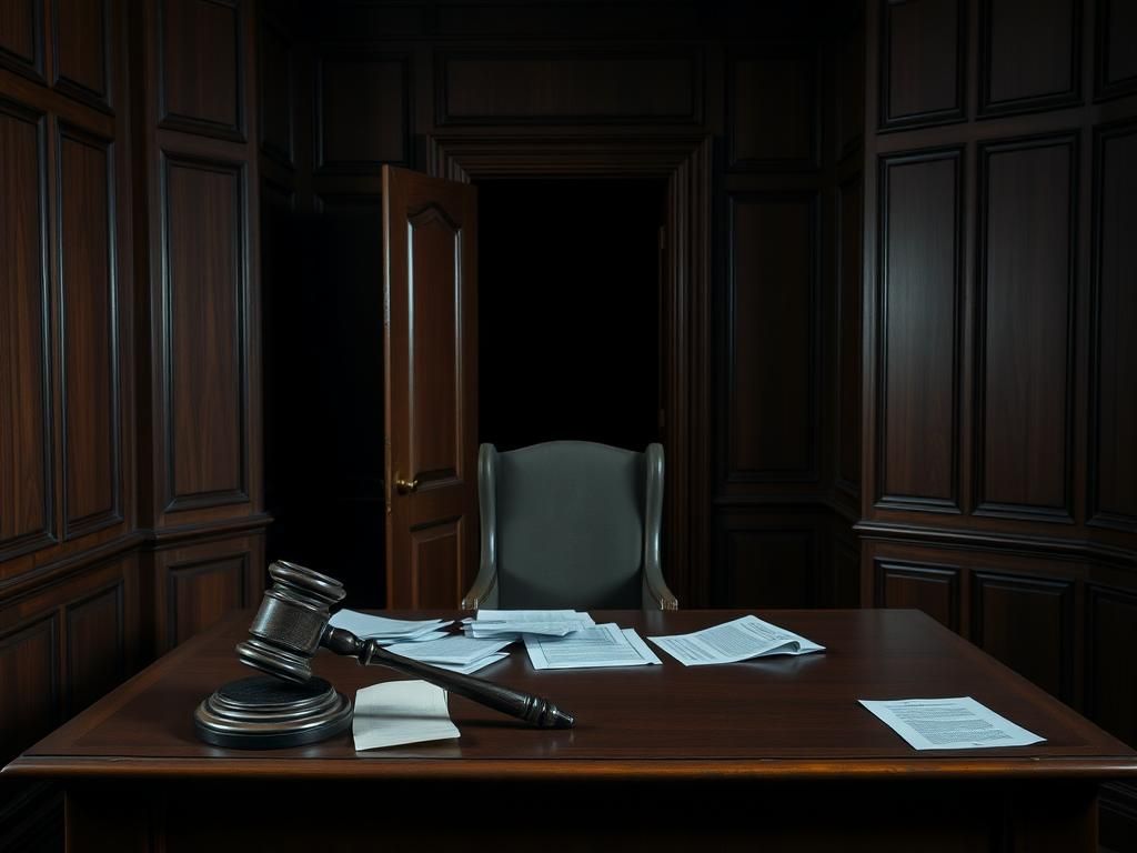 Flick International Empty judge's bench with gavel in grim courtroom setting
