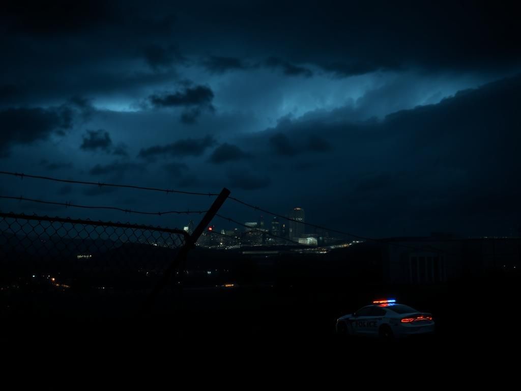 Flick International A nighttime view of Nashville with a chain-link fence and police vehicle symbolizing immigration tension