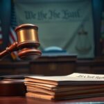 Flick International Dramatic courtroom scene featuring a raised gavel symbolizing judicial power