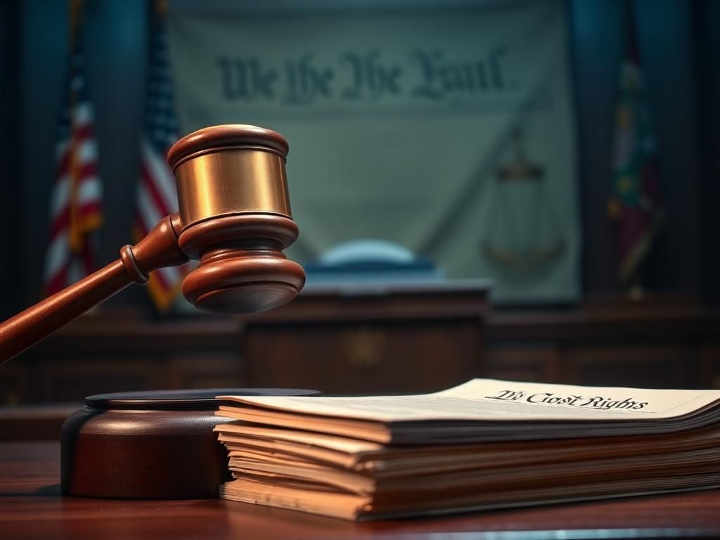 Flick International Dramatic courtroom scene featuring a raised gavel symbolizing judicial power