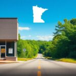 Flick International Abandoned storefront in Minnesota with lush green forest in the background