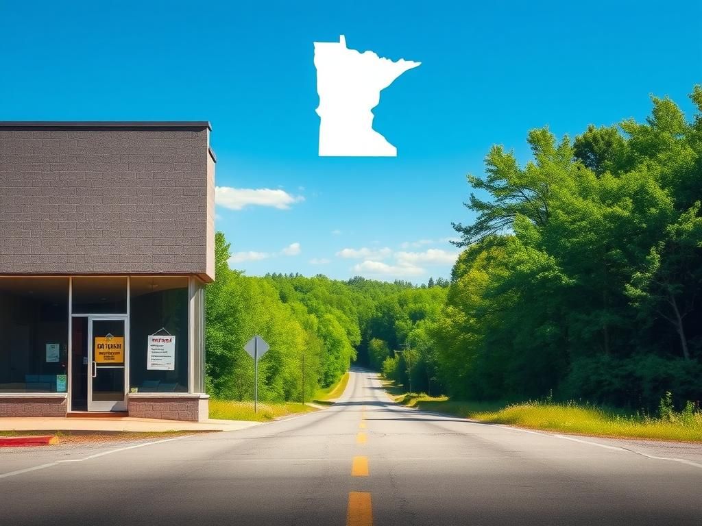 Flick International Abandoned storefront in Minnesota with lush green forest in the background