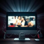 Flick International Stylized computer screen with blurred adult content and chains symbolizing censorship of online pornography