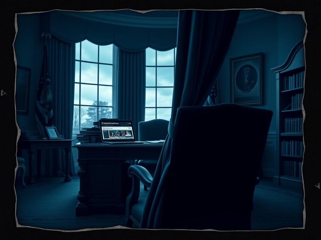 Flick International Dimly lit Oval Office with presidential desk and empty chair symbolizing uncertainty