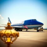Flick International Sleek Boeing 747 aircraft on tarmac with American flag and military elements