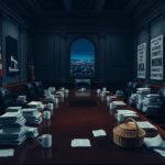 Flick International A dimly lit congressional committee room with documents and coffee cups during Trump's reconciliation bill discussions