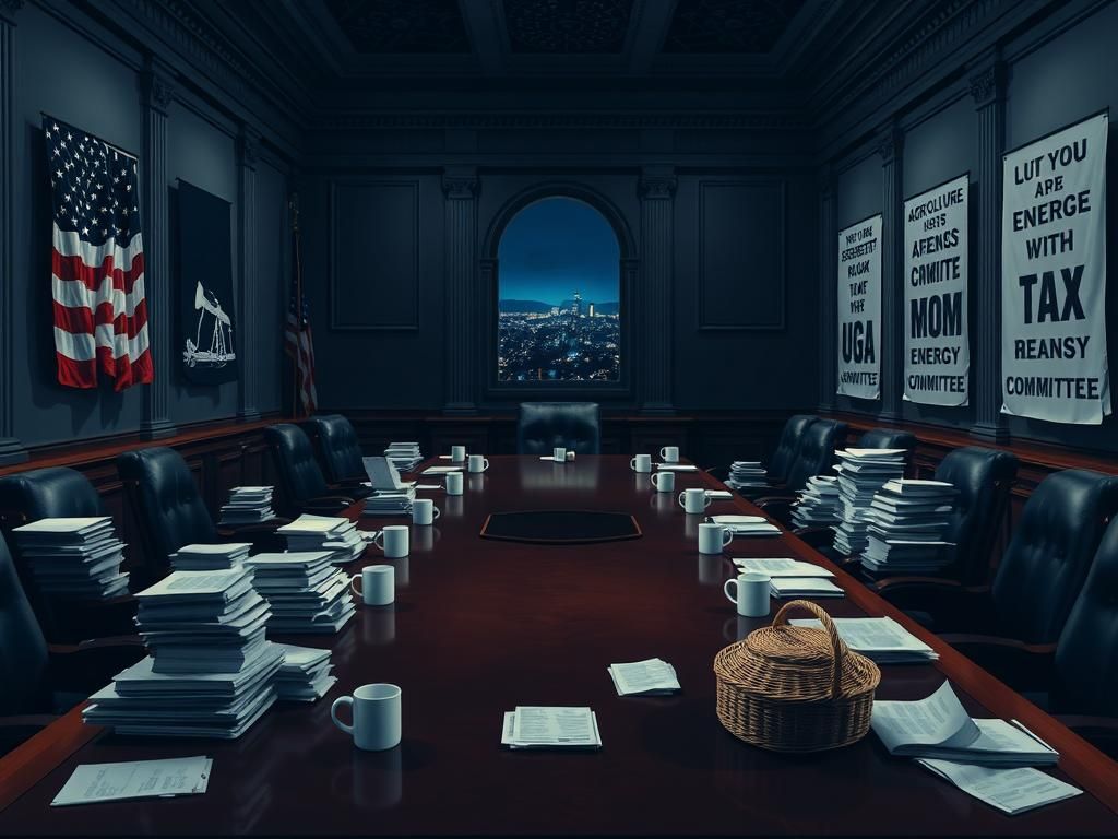 Flick International A dimly lit congressional committee room with documents and coffee cups during Trump's reconciliation bill discussions