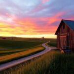 Flick International A serene Iowa landscape at sunset with a weathered barn and distant farms