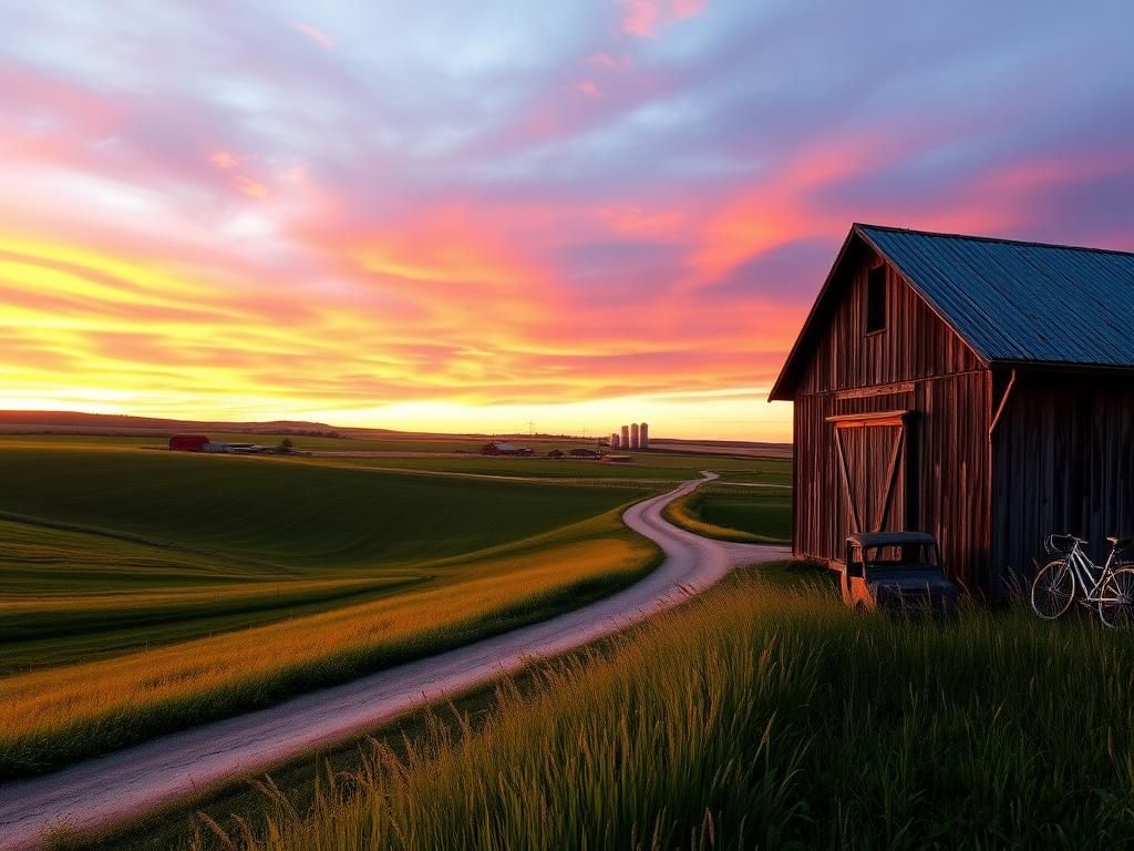 Flick International A serene Iowa landscape at sunset with a weathered barn and distant farms