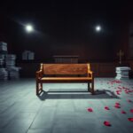 Flick International Dramatic courtroom scene showcasing a solitary wooden bench and a nearby empty witness stand