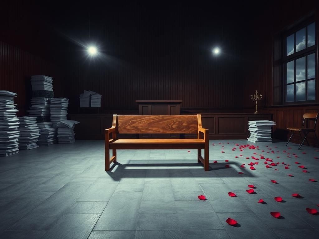 Flick International Dramatic courtroom scene showcasing a solitary wooden bench and a nearby empty witness stand