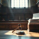 Flick International Dramatic courtroom setting with wooden bench and gavel symbolizing justice