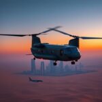 Flick International Military-grade CH-47F Chinook helicopter in flight over a desert landscape in the UAE