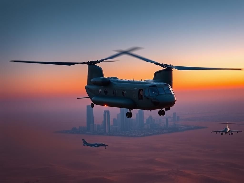 Flick International Military-grade CH-47F Chinook helicopter in flight over a desert landscape in the UAE