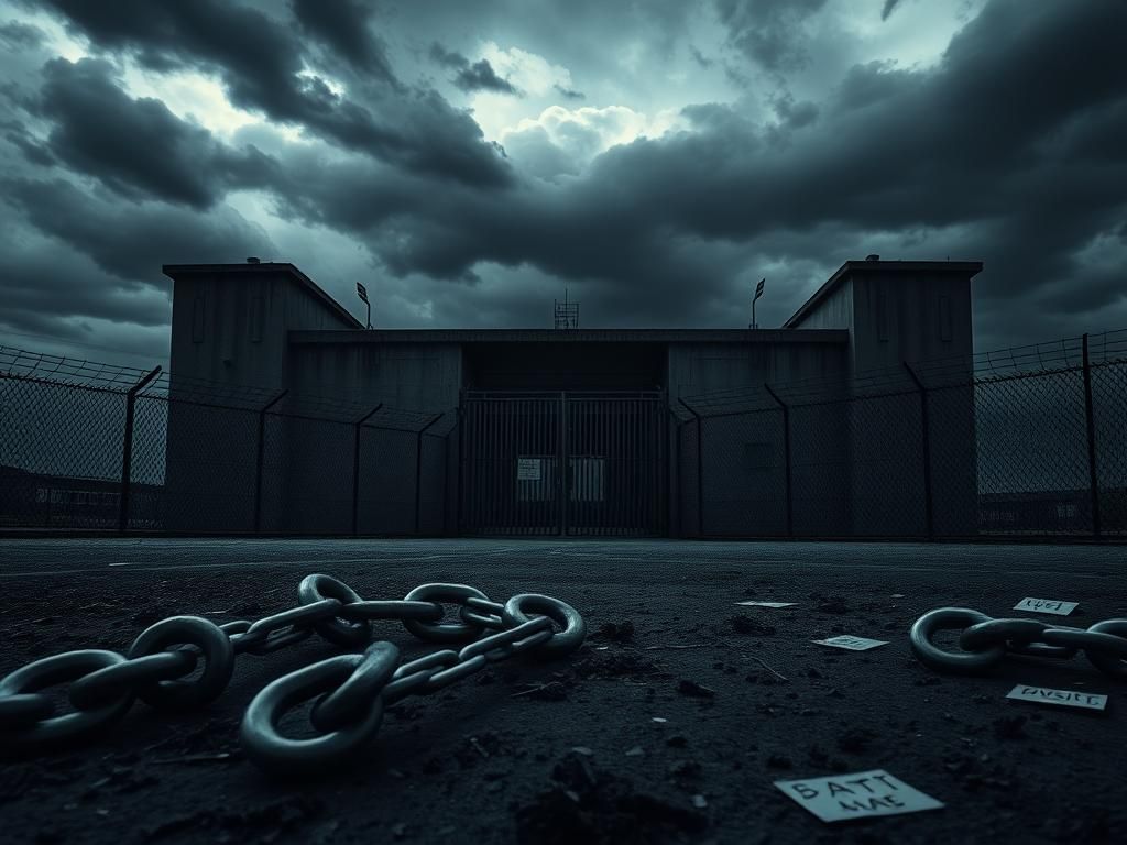 Flick International Dark view of a large immigration detention facility surrounded by a high barbed-wire fence