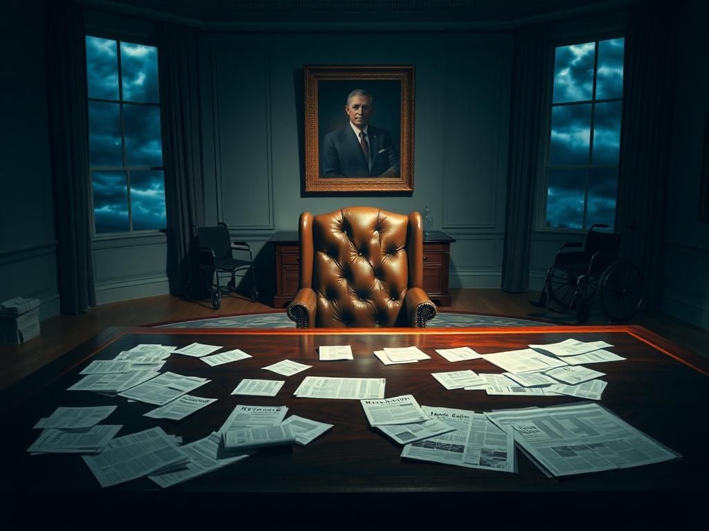 Flick International An empty leather chair and an abandoned wheelchair in a presidential office