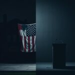 Flick International Dimly lit college campus with Palestinian flag draped over American flag, showcasing rising ideological tensions.