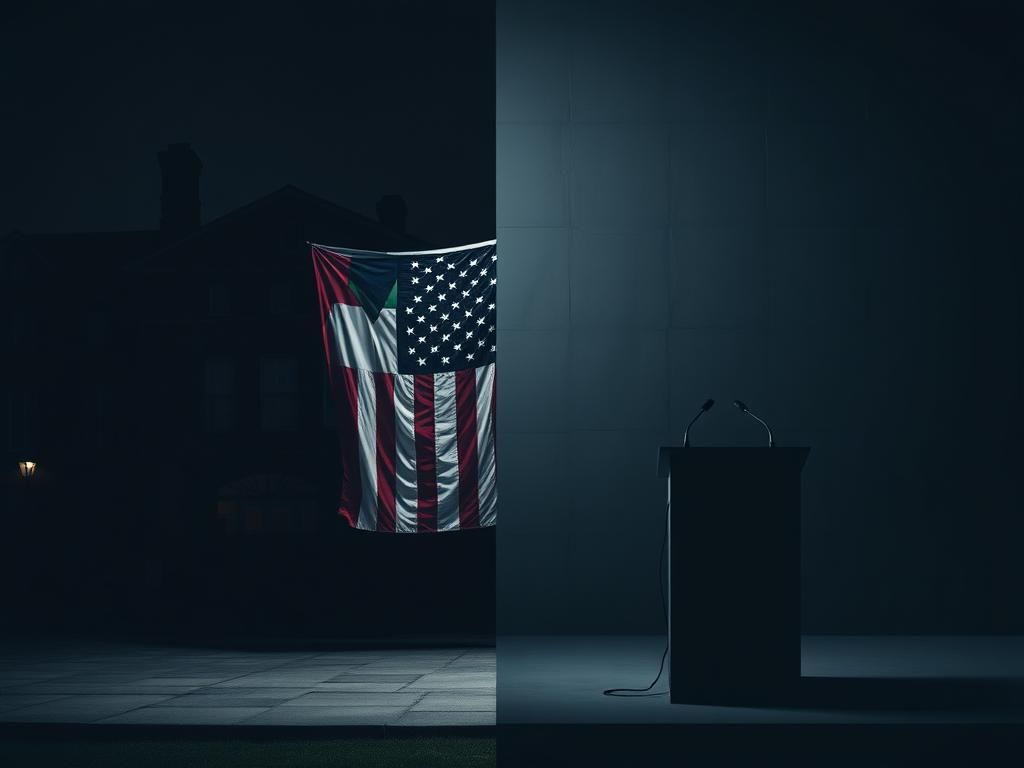 Flick International Dimly lit college campus with Palestinian flag draped over American flag, showcasing rising ideological tensions.