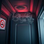 Flick International Close-up view of an airplane lavatory door partially ajar with vapor hints