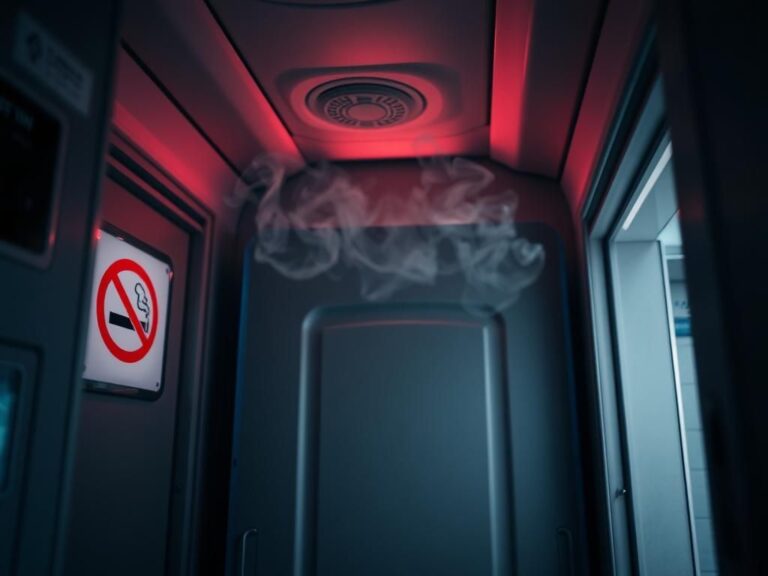 Flick International Close-up view of an airplane lavatory door partially ajar with vapor hints