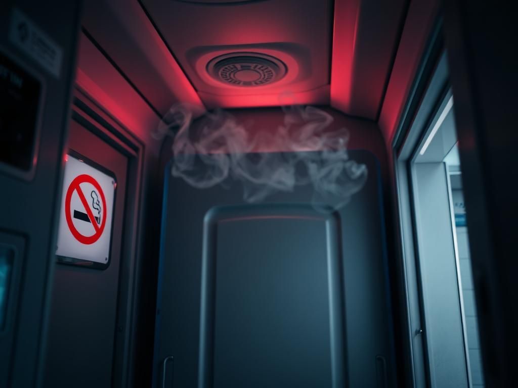 Flick International Close-up view of an airplane lavatory door partially ajar with vapor hints