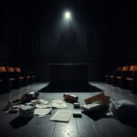 Flick International Dark courtroom scene with an empty witness stand and scattered items representing explosive claims in Diddy trial