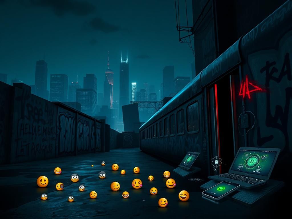 Flick International Dark urban landscape with graffiti and neon lights symbolizing Tren de Aragua gang's technological sophistication