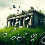 Flick International Abstract representation of government efficiency and chaos with a fragmented, crumbling building overtaken by weeds and vines
