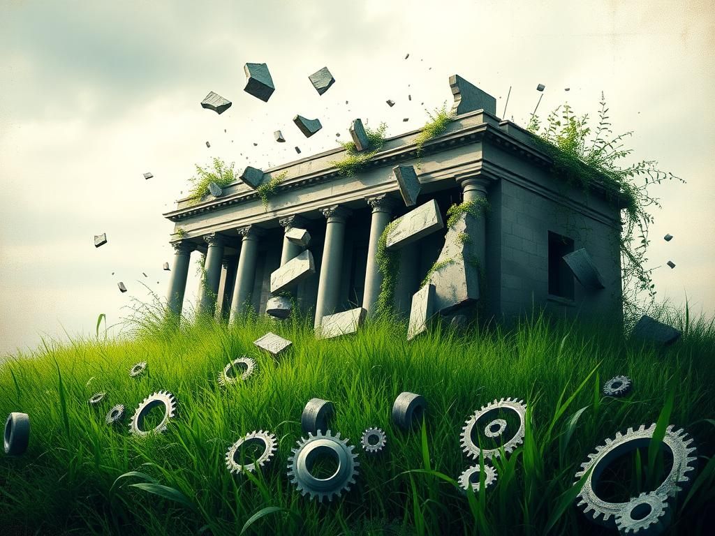 Flick International Abstract representation of government efficiency and chaos with a fragmented, crumbling building overtaken by weeds and vines