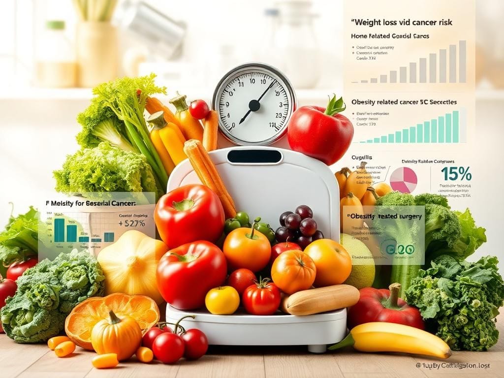 Flick International A colorful arrangement of fruits and vegetables beside a weighing scale, symbolizing weight management and health