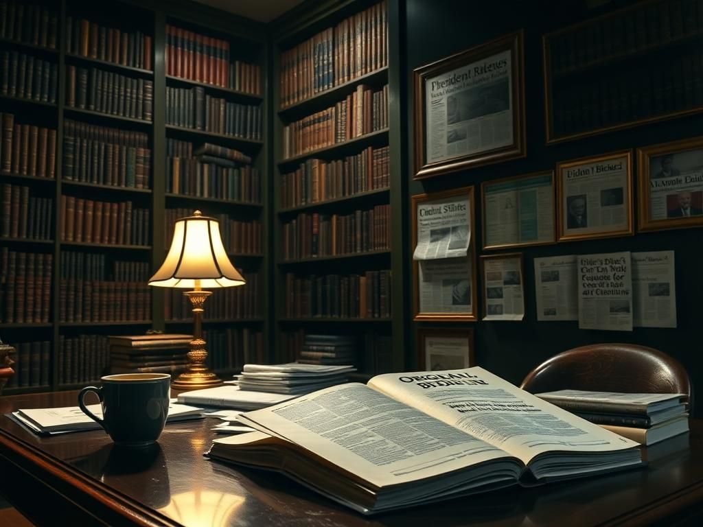 Flick International A dimly lit library showcasing books on politics and history, with an open book on Biden's cognitive decline prominently displayed.