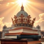 Flick International Ornate papal hat atop books symbolizing faith and justice