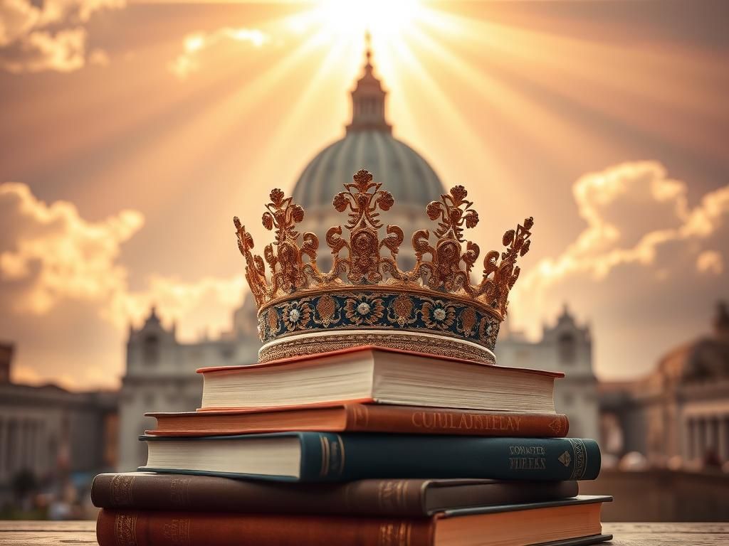 Flick International Ornate papal hat atop books symbolizing faith and justice