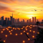 Flick International Panoramic view of a modern Middle Eastern cityscape with skyscrapers and traditional Islamic architecture