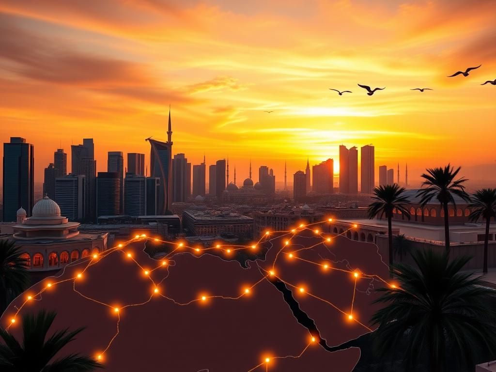 Flick International Panoramic view of a modern Middle Eastern cityscape with skyscrapers and traditional Islamic architecture