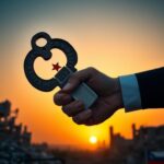 Flick International Symbolic handshake between a Syrian key and the U.S. flag at sunset