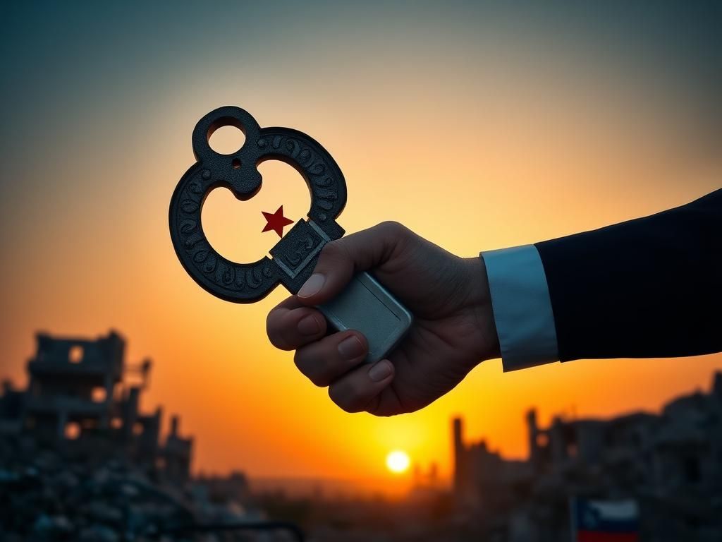 Flick International Symbolic handshake between a Syrian key and the U.S. flag at sunset