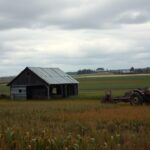 Flick International A weathered American farm landscape with a dilapidated barn under an overcast sky