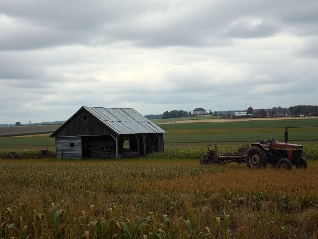 Flick International A weathered American farm landscape with a dilapidated barn under an overcast sky