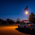 Flick International Serene suburban landscape at dusk with an empty police car and a flag at half-mast