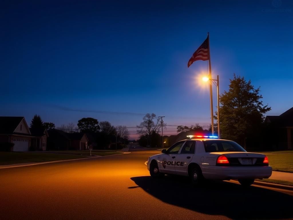 Flick International Serene suburban landscape at dusk with an empty police car and a flag at half-mast