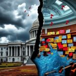 Flick International Split image illustrating the divided political landscape with a dilapidated Capitol and a vibrant legislative chamber