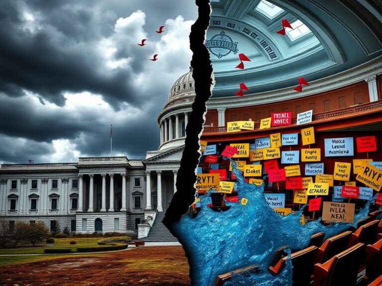 Flick International Split image illustrating the divided political landscape with a dilapidated Capitol and a vibrant legislative chamber