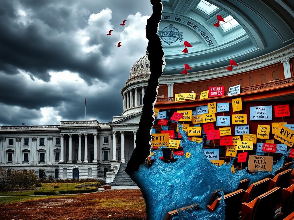 Flick International Split image illustrating the divided political landscape with a dilapidated Capitol and a vibrant legislative chamber