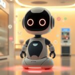 Flick International Humanoid robot Mirokaï with animated face in a modern customer service environment