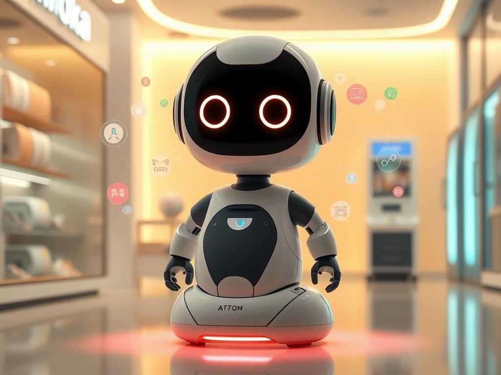 Flick International Humanoid robot Mirokaï with animated face in a modern customer service environment