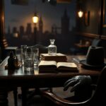 Flick International Dimly lit film set with wooden table and vintage props