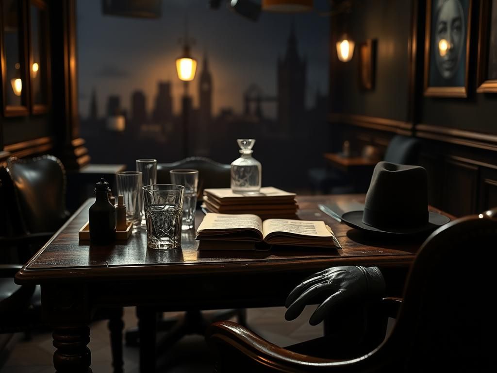 Flick International Dimly lit film set with wooden table and vintage props