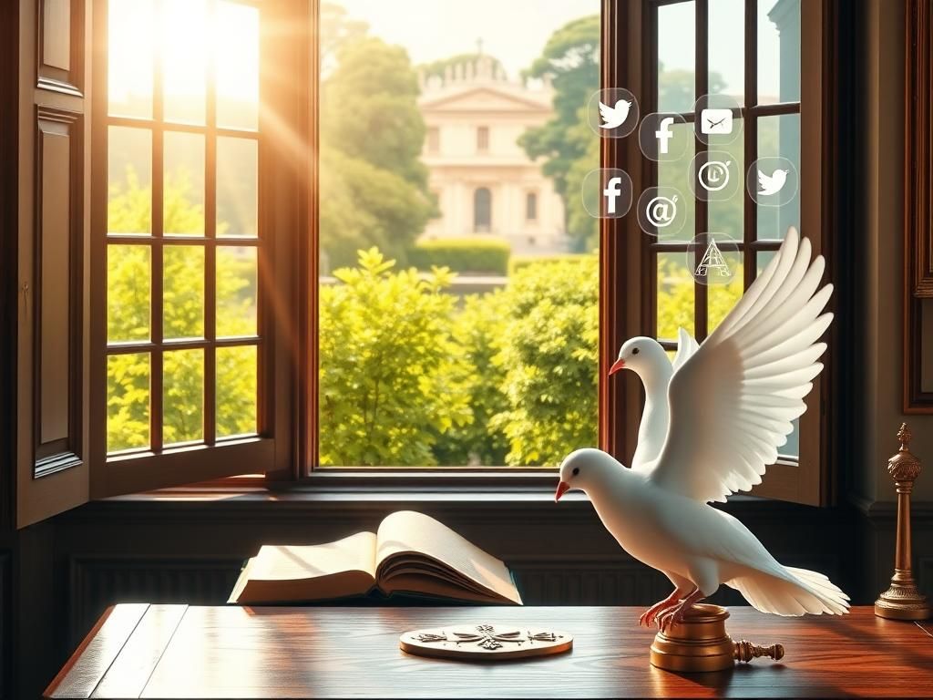 Flick International Serene view of an open Vatican office with a dove symbolizing peace